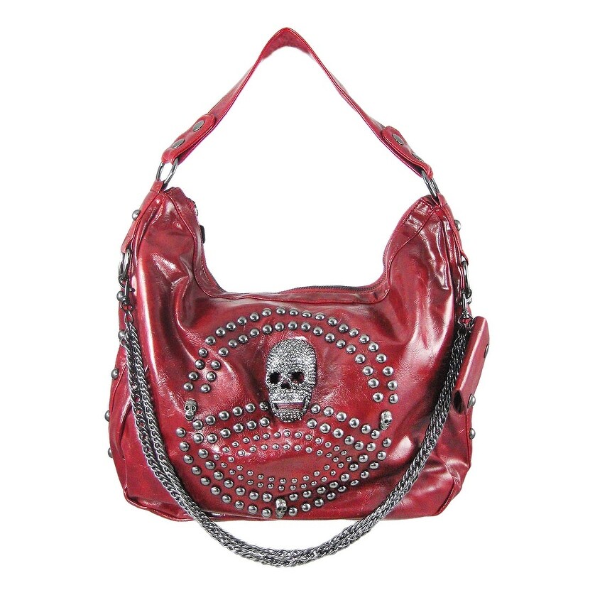 Glossy Gunmetal Studded Rhinestone Skull Handbag