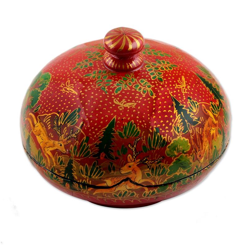Novica Handmade Jungle Scene In Red Papier Mache Decorative Box