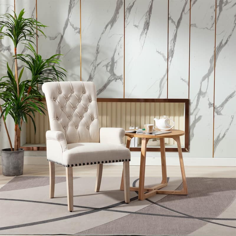 Fabric Upholstered High Back Arm Dining Chair with Oak Wood Legs - Beige