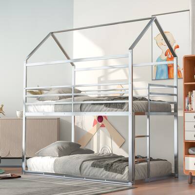 Bunk Beds for Kids Twin over Twin,House Bunk Bed Metal Bed Frame Built-in Ladder,No Box Spring Needed Sliver