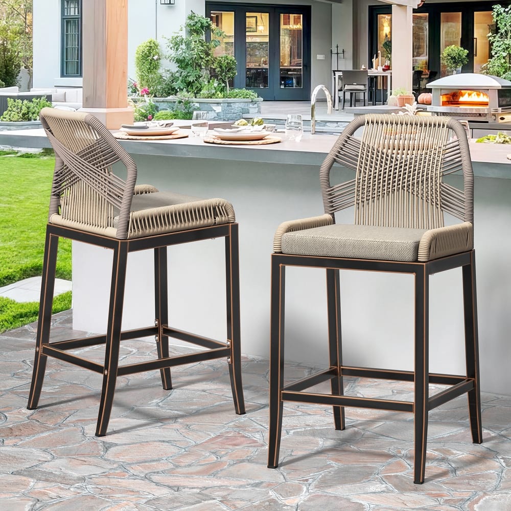 2 Set Modern Aluminum Twill Wicker Woven Outdoor Bar Stool Chair Set, Counter Height Stool with Back and Cushion - 40.6"H