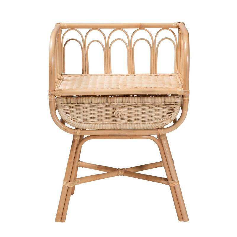 Modern Bohemian Natural Brown Rattan Nightstand with Drawer and Shelf, Handcrafted Rustic Tropical Style