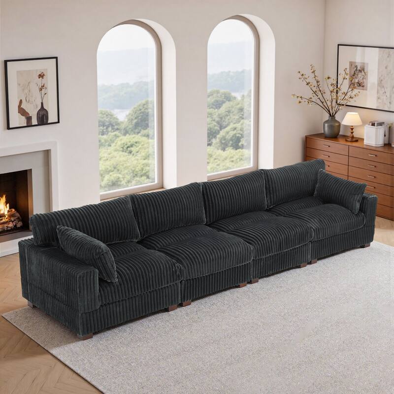 Plush Corduroy Upholstered Modular Sectional Sofa with Pillows