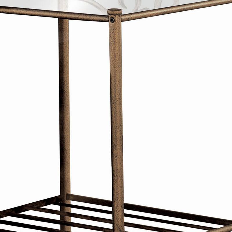 Kish 32 Inch 2 Shelf Nightstand, Tempered Glass Top, Brushed Antique Gold
