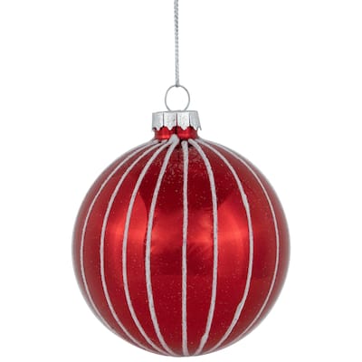 4Ct Shiny Red White Striped Glass Ball Christmas Ornaments 3" (80Mm)