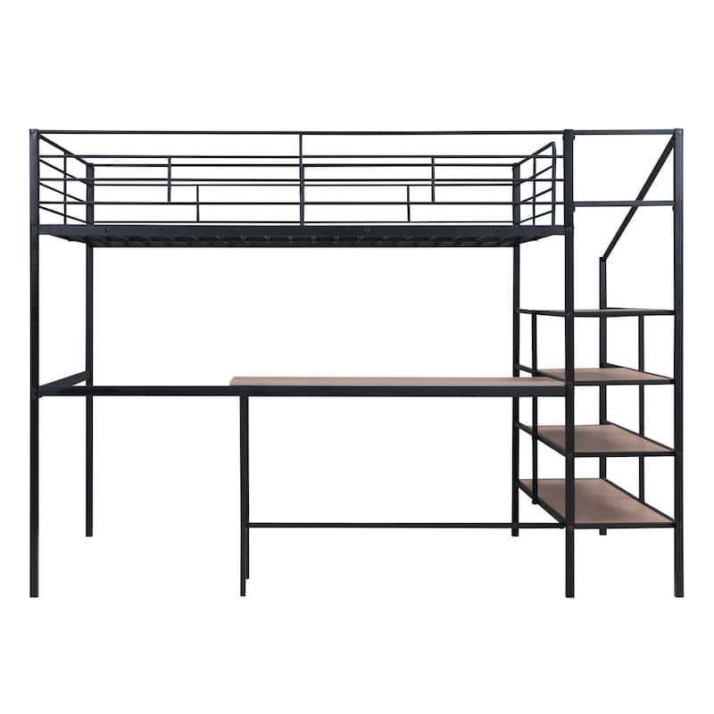 Contemporary Full Metal Loft Bed with Large Desk and Shelving Ladder, Space-Saving Design