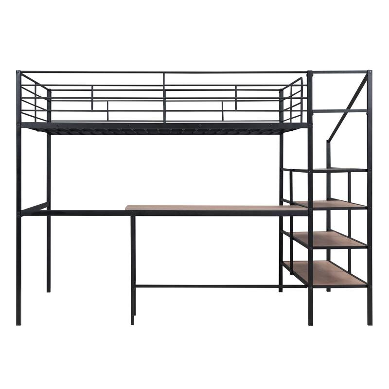 Full Size Chrome Metal Loft Bed with Built-in Desk and Lateral Storage Shelves, Space-Saving Design