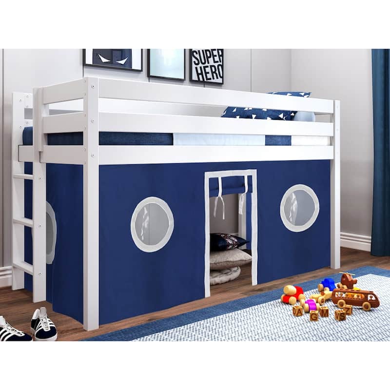 JACKPOT Contemporary Low Loft Twin Bed with End Ladder and Tent - White with Blue & White Tent