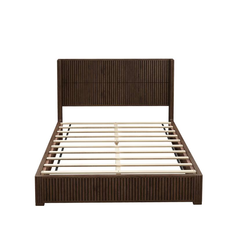 GDFStudio - Modern Solid Wood Low-Profile Platform Bed Frame with Fluted Headboard, Heavy-Duty Support & No Box Spring Needed