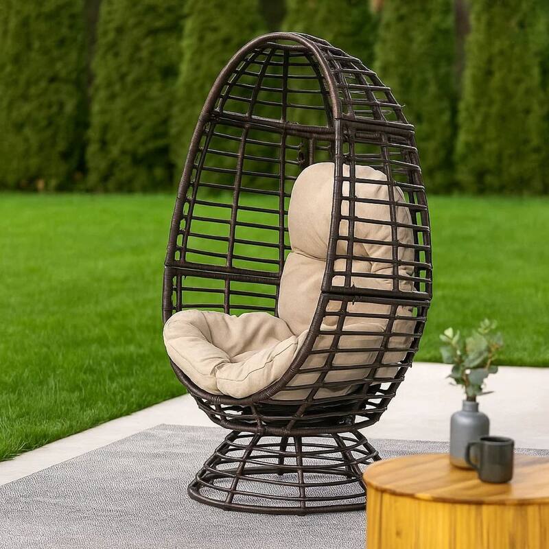 Swivel Outdoor Egg Chair, Brown PE Woven Rattan, Iron, Beige Polyester