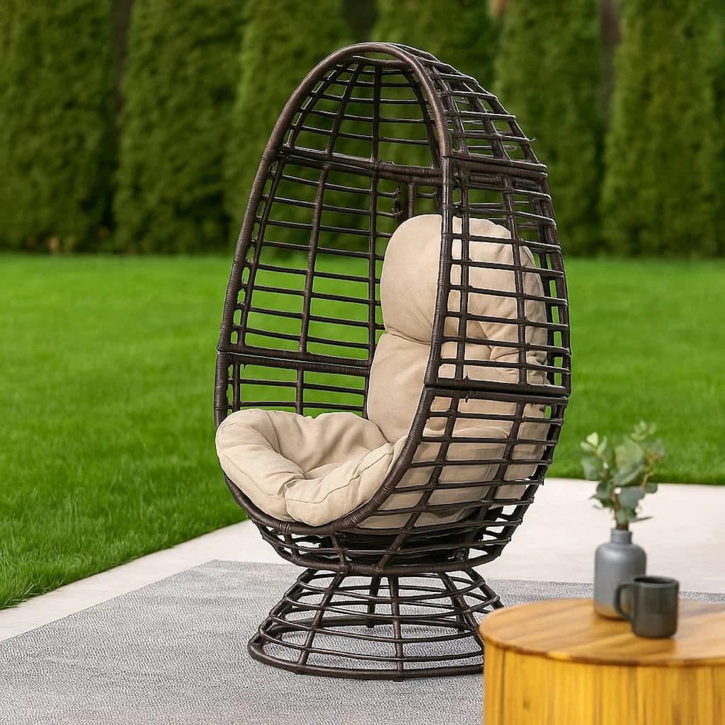 Swivel Outdoor Egg Chair, Brown PE Woven Rattan, Iron, Beige Polyester