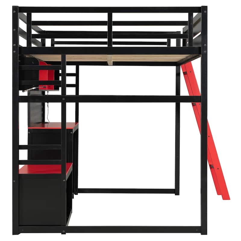 Gaming Loft Bed Full Size Wood Loft Bed with Pegboard PC Desk Computer Case Stand Charging Station LED Lights for Gamers