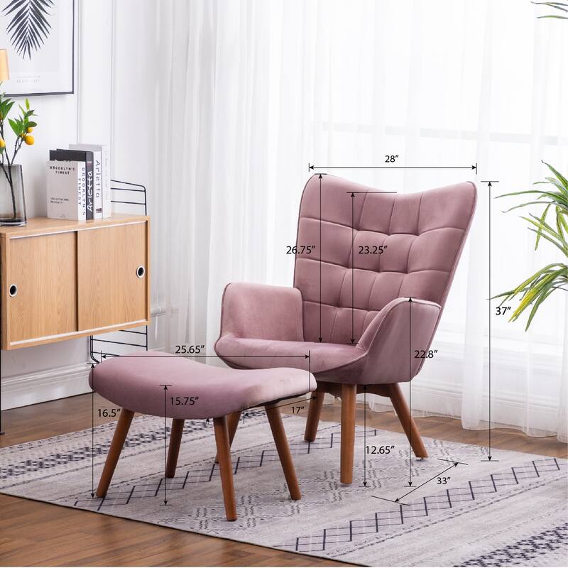 Leisure Chair Ottoman Set Office Chair, Mauve Stylish Velvet Upholstered Reception Chair Vanity Chair with Wooden Frame