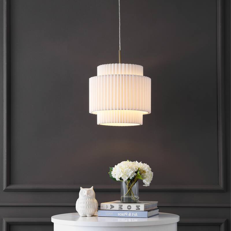 Calix 14.5" 1-Light Vintage Mid-Century Iron LED Pendant with Pleated Shade, Brass Gold/White by JONATHAN Y