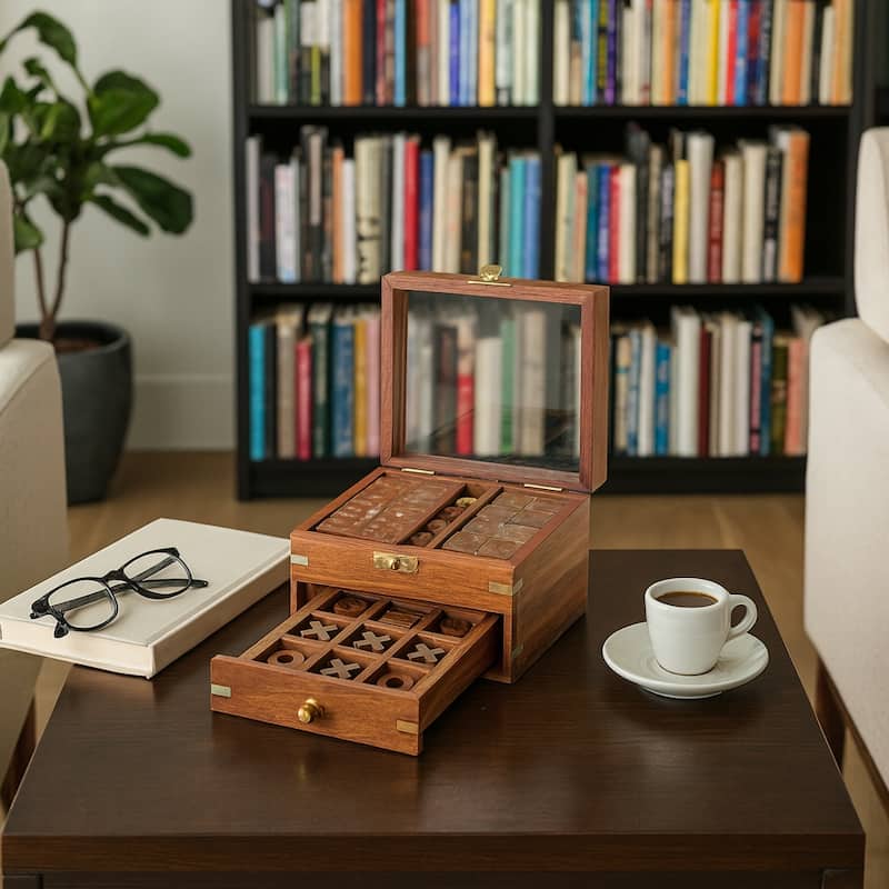 3 in 1 Classic Tabletop Game Set in Wooden Case Storage - 6", Brown & Gold - 6.0"