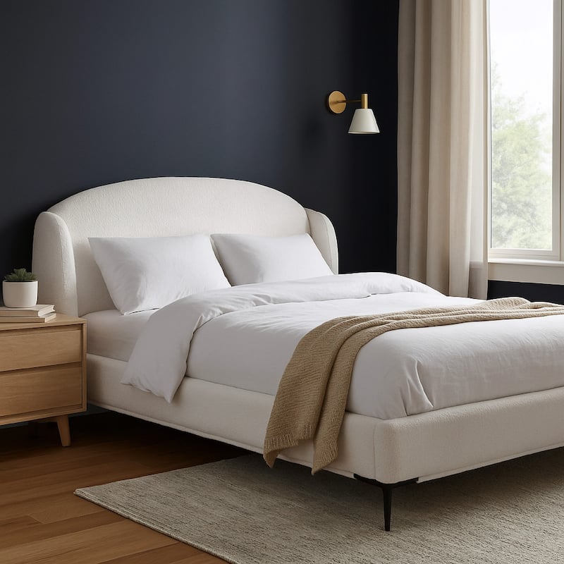 Peli King Size Bed, Low Profile Curved Back Ivory Faux Shearling Upholstery