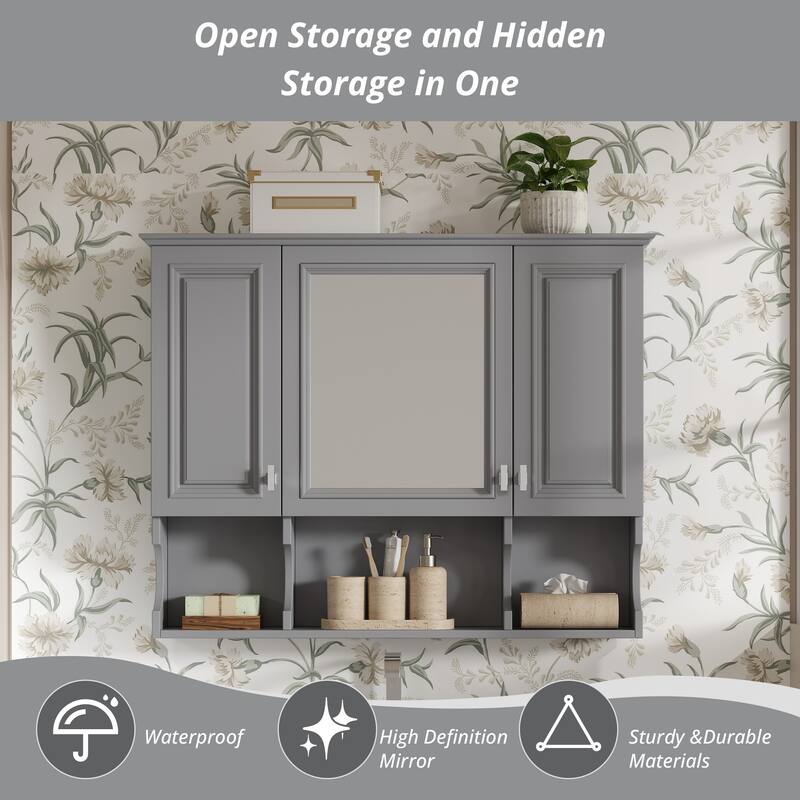 35'' x 28'' Wall Mounted Bathroom Cabinet, Modern Bathroom Wall Cabinet with Mirror and Open Shelves