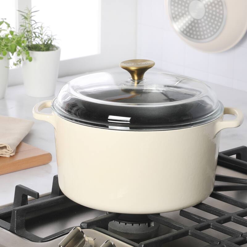 Sur La Table Enamel-Coated Cast Iron Dutch Oven Pot with Oven Safe Glass Lid, Oven-to-Table Cookware for Stews & Braising