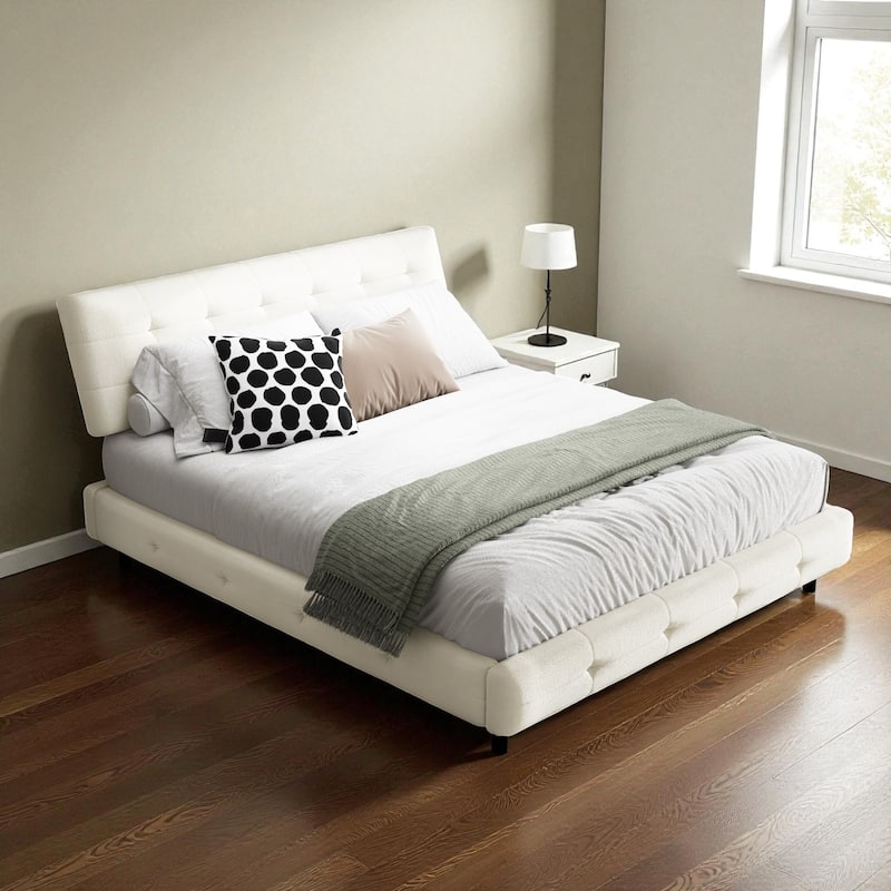 Queen/King Size Upholstered Bed with Oversized Cloud Tufted Headboard, Chenille Platform Bed Frame with Metal & Wood Slats