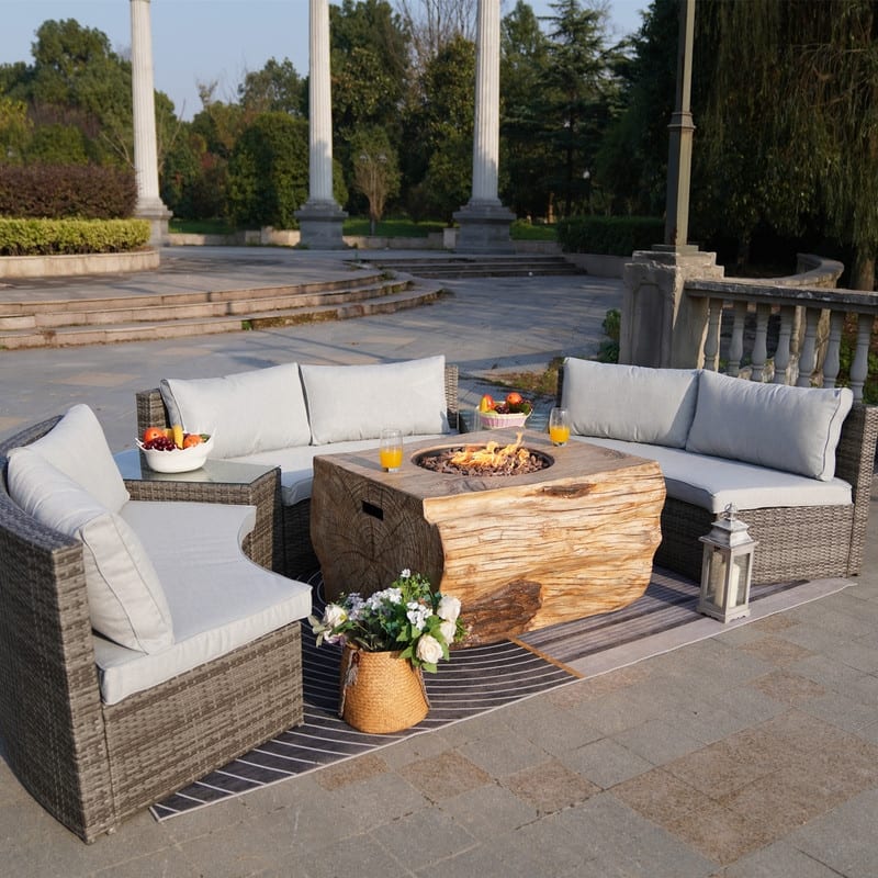 9-piece Halfmoon Patio Sectional Sofa Set with Fire Pit Table