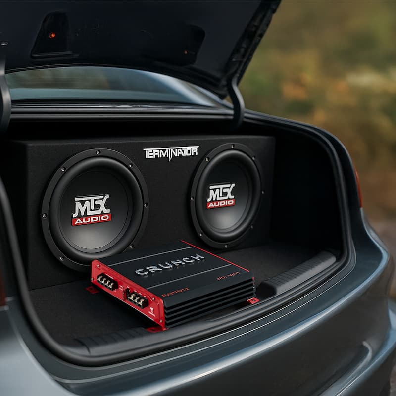 Crunch 2 Channel Car Audio Amplifier & MTX 12 In Dual Loaded Subwoofer Enclosure - 8