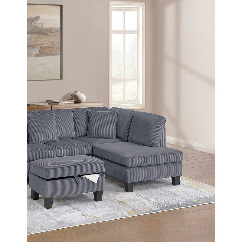3pc Sectional Set with Chaise, Sofa and Ottoman in Dark Gray Corduroy, Living Room