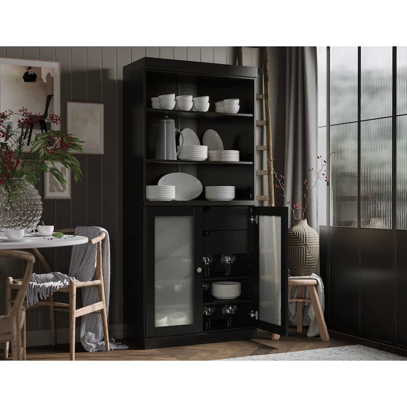 Palace Imports 100% Solid Wood Pantry Cabinet with Frosted Glass Doors, 2-Drawers and Adjustable Shelves - 32" x 71.5" - Black
