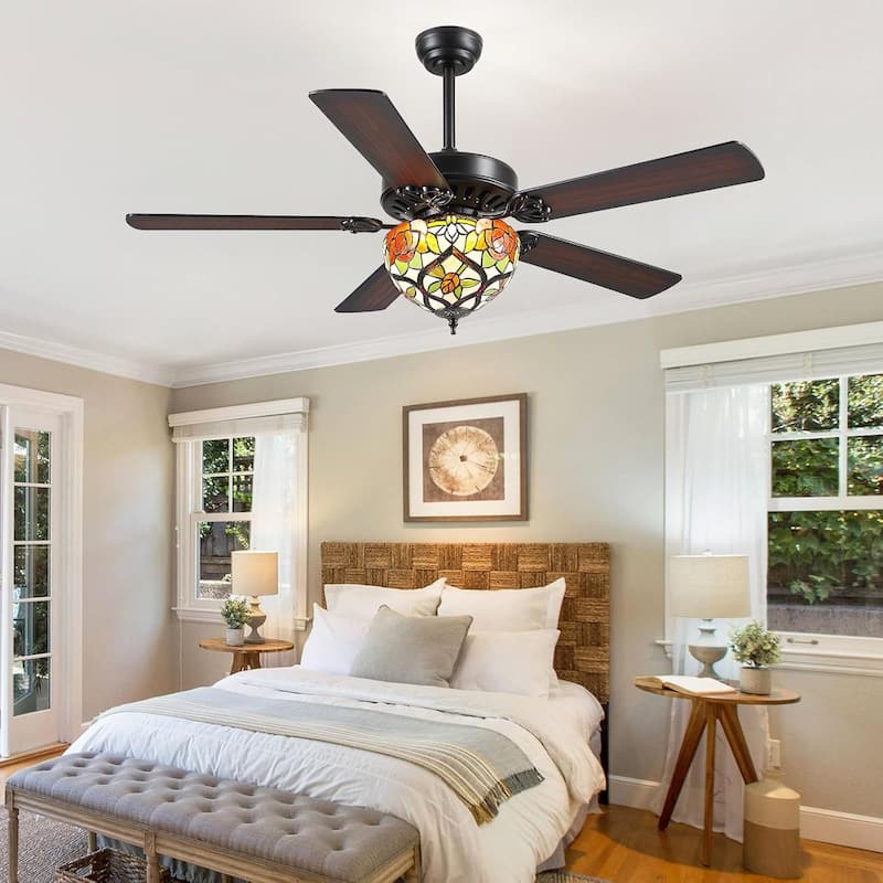 50" TiffanyTropical Ceiling Fan with 5 Palm Leaf Bllades and Vintage Cover Waterproof for Indoor and Outdoor Patio