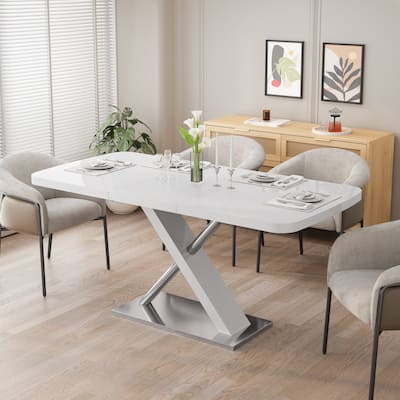 47.25''-63'' Modern White Glossy Dining Table for 4-6 People, Extendable Dining Table with Crossed Metal Base