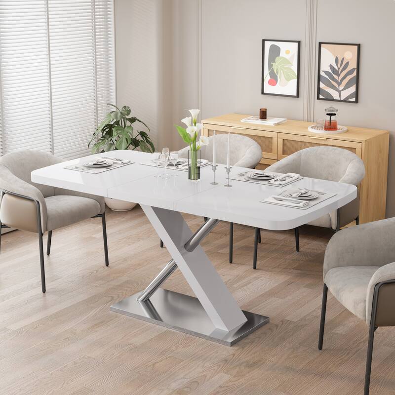 Modern Square Dining Table, Stretchable, with X-Shape Table Leg with Metal Base - White+Silver