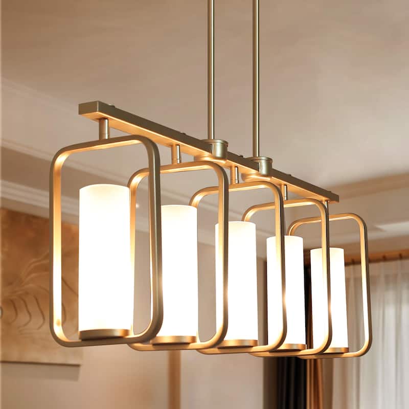 Siya Modern 5-Light Gold Linear Metal Chandelier with Frosted Glass for Kitchen Island Dimmable Pendant Lights