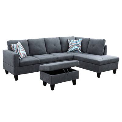 Dark Grey Flannelette 3-Piece Living Room Sofa Set