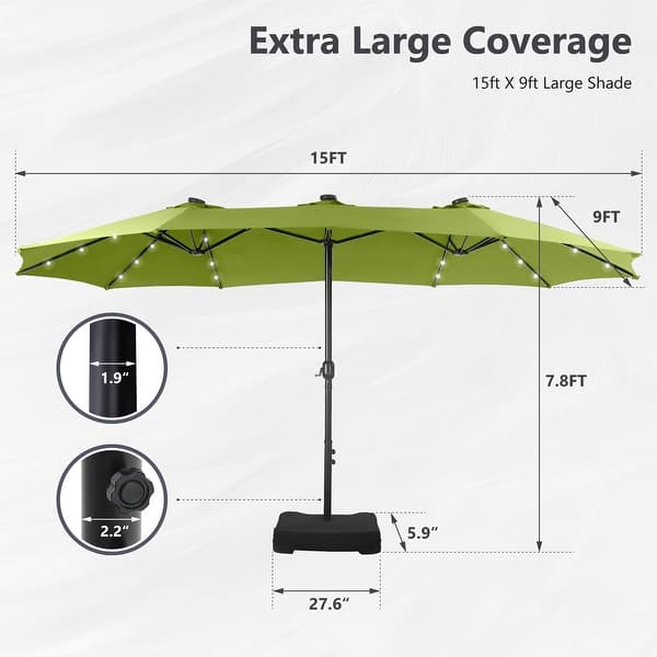 dimension image slide 0 of 15, MAISON ARTS 15-foot Rectangular Crank Double-sided Outdoor Market Umbrella Solar LED Lighted Patio Umbrella with Base Included
