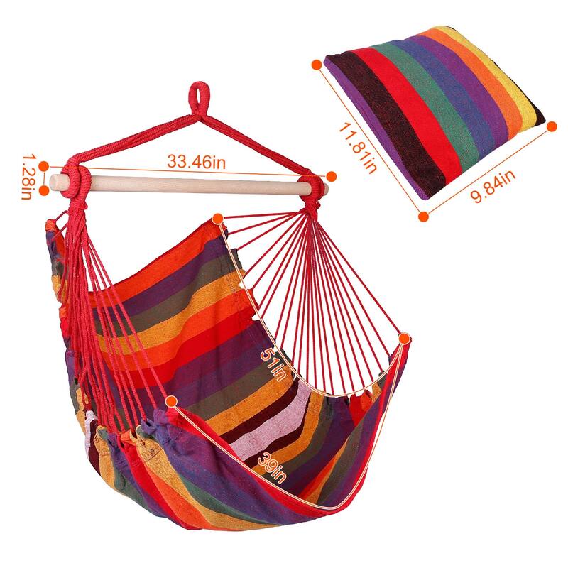 Cotton Canvas Swing Seat Hanging Hammock Chair with Pillows and Wooden Bar for Indoor or Outdoor - 39” x 51”