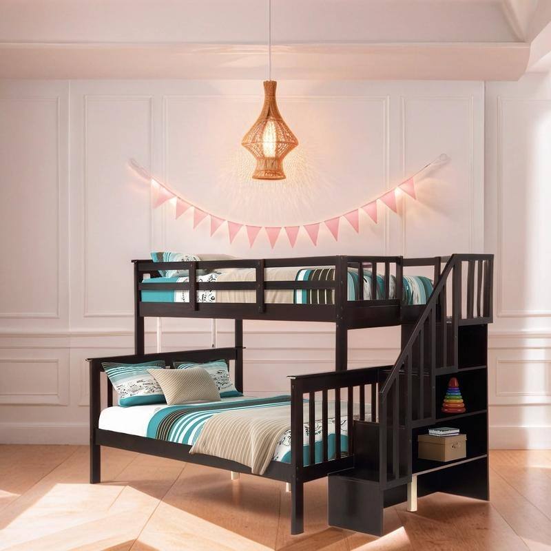 Twin-Over-Full Bunk Bed with Maximized Storage Stairway, Solid Wooden Bed with Safety Guard Rail for Bedroom, Espresso