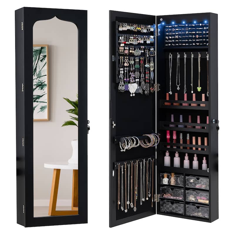 Gymax Jewelry Armoire w/ Full-Length Mirror w/ Built-in LED Lights - Black