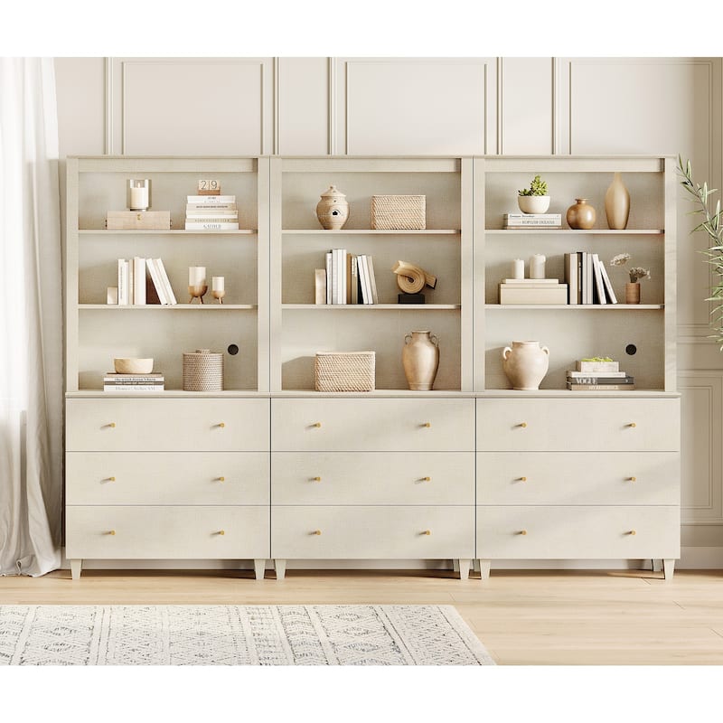 WAMPAT Modern 71" Tall Bookcase with 9 Drawers, 3 Columns 3-Tier - Beige