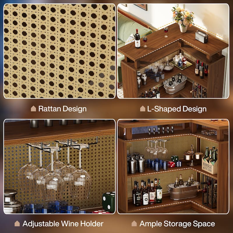 Rattan L Shaped Bar Table with 4-Tier Storage Shelf