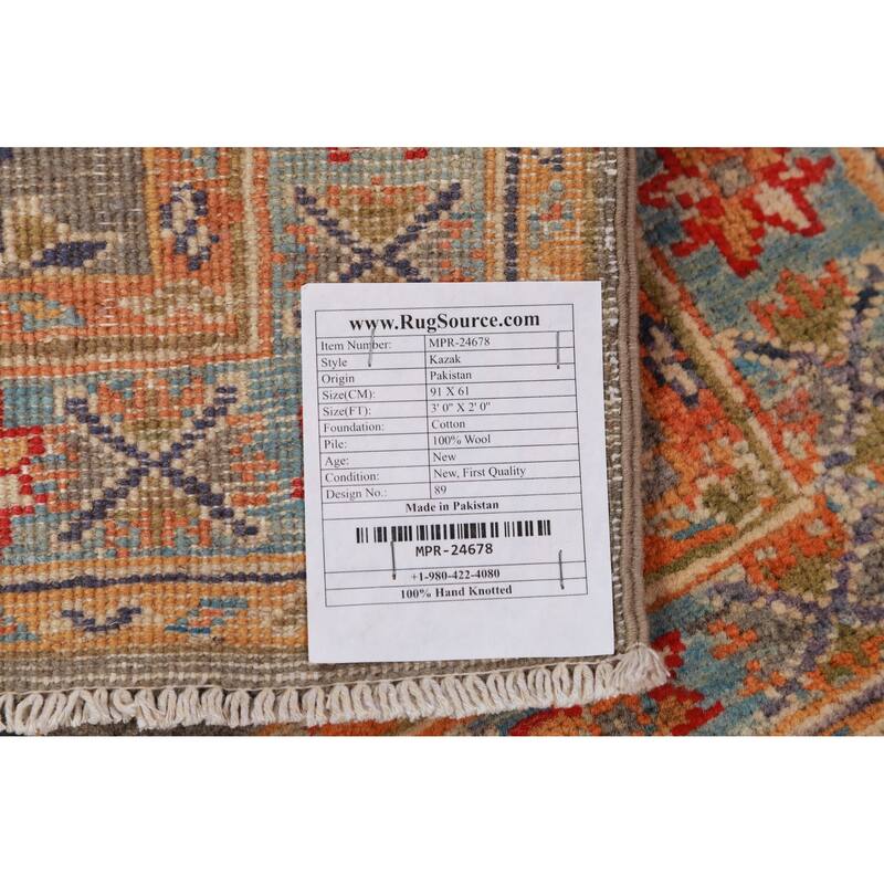 Gray Geometric Kazak Oriental Accent Foyer Rug Handmade Wool Carpet - 2'0"x 3'0"