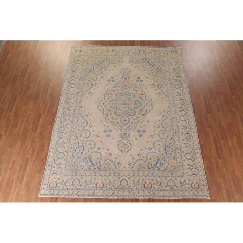 Hand Knotted Oriental 100% Wool Carpet Traditional Floral Beige & Ivories Tabriz Area Rug - 12' 7'' X 9' 5''