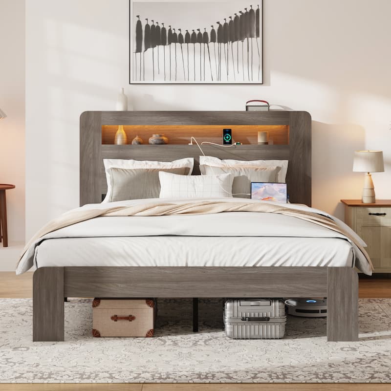 Wood Platform Bed Frame with Storage - Queen