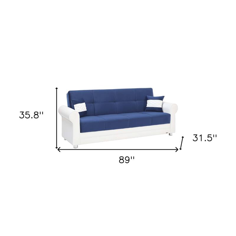 HomeRoots 89" Sky Blue Polyester Convertible Futon Sleeper Sofa And Toss Pillows With Storage