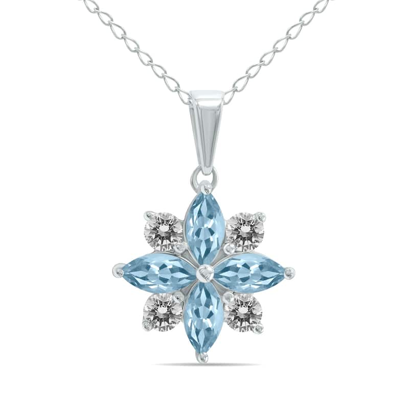 Marquee Jewels 3/4 Carat TW Aquamarine and Diamond Flower Pendant in 10K White Gold