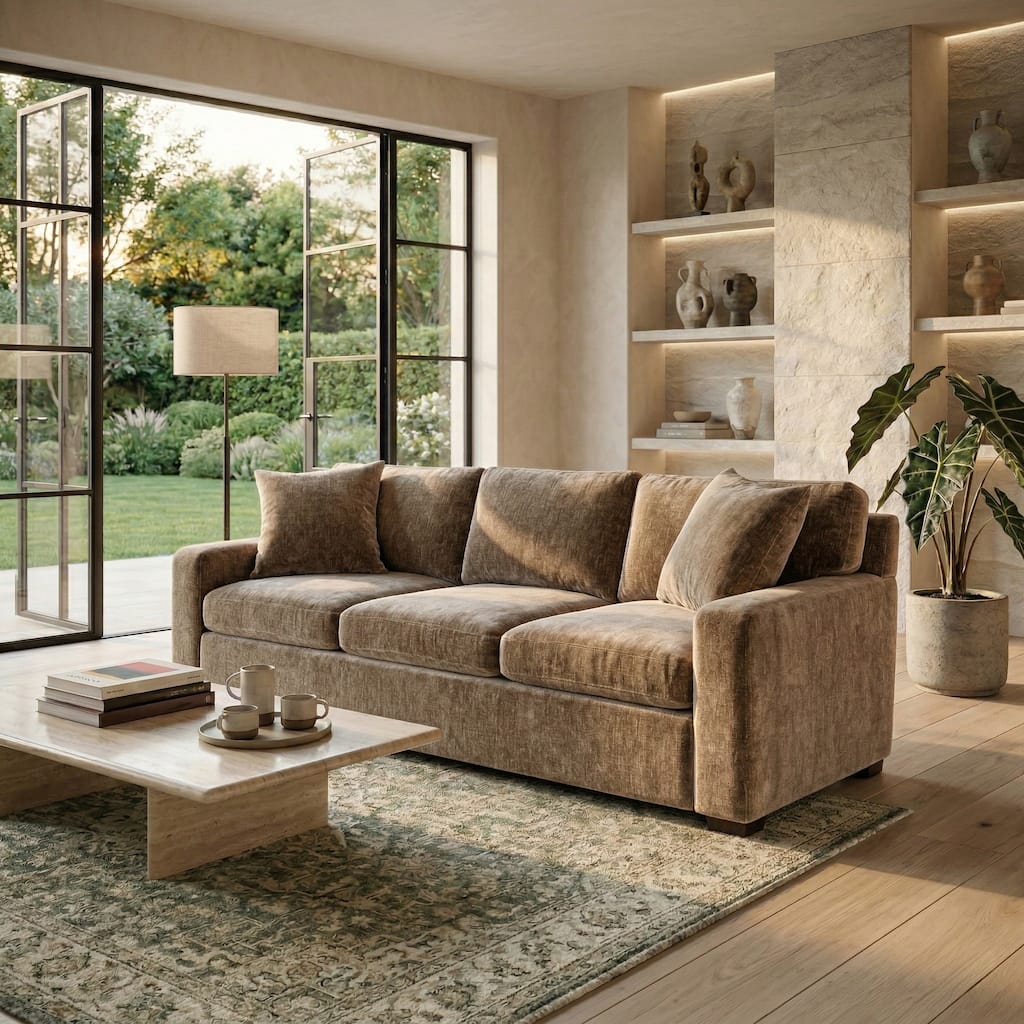 SAFAVIEH Couture Vasquez 3-Seat Sofa, Modern Living Room Upholstered Couch with Reversible Cushions - 92"W x 38"D x 34"H