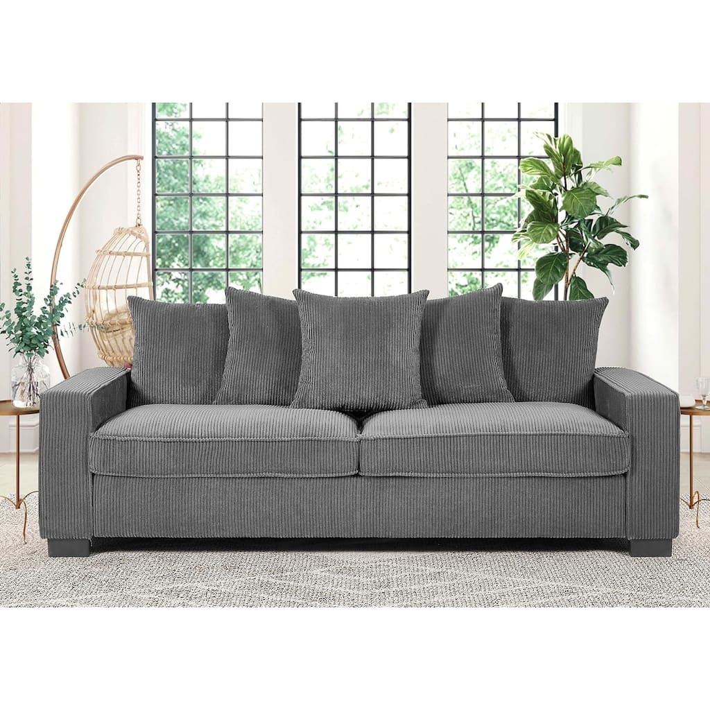 Luxe Living Room Sofa with 5 Complementary Toss Pillows Soft Corduroy Upholstery Streamlined Large