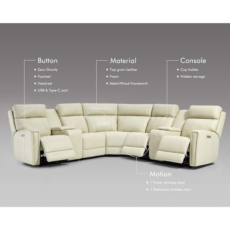 7PCS, 3 Power Recliners, Leather Reclining Sectional with Power Headrest & Lumbar, USB Port & USB-C Port