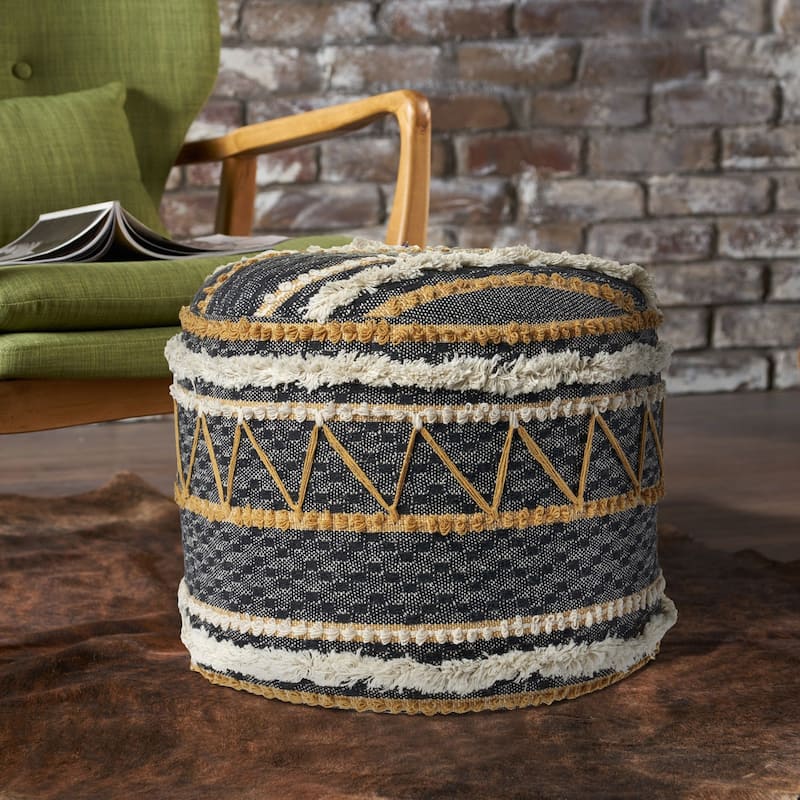 18" Black and Yellow Geometric Tufted Round Pouf Ottoman