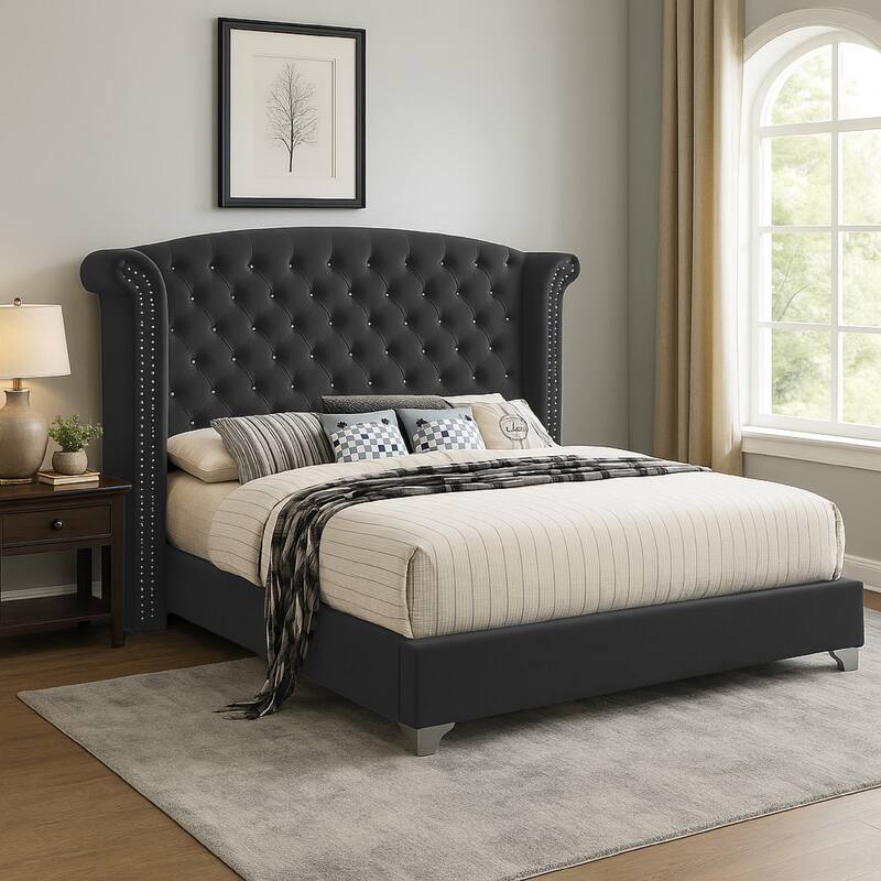 Giya Wingback Queen Bed, Tufted Headboard, Nailed Gray Velvet Upholstery
