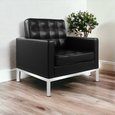 HomeRoots 31" Black and Silver Italian Leather Tufted Club Chair - 30.5 in. x 30.5 in. x 30.5 in.
