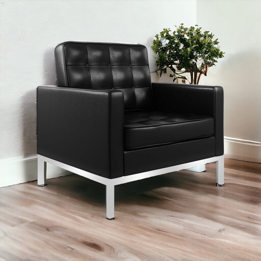 HomeRoots 31" Black and Silver Italian Leather Tufted Club Chair - 30.5 in. x 30.5 in. x 30.5 in.